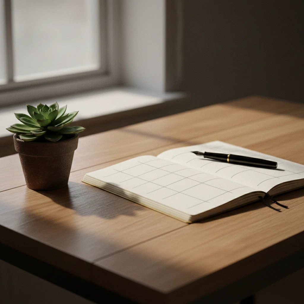 Opgeruimde hoek van een kamer met een notitieboek, een pen en een kleine plant op een witte tafel, rustige daglichtstemming
