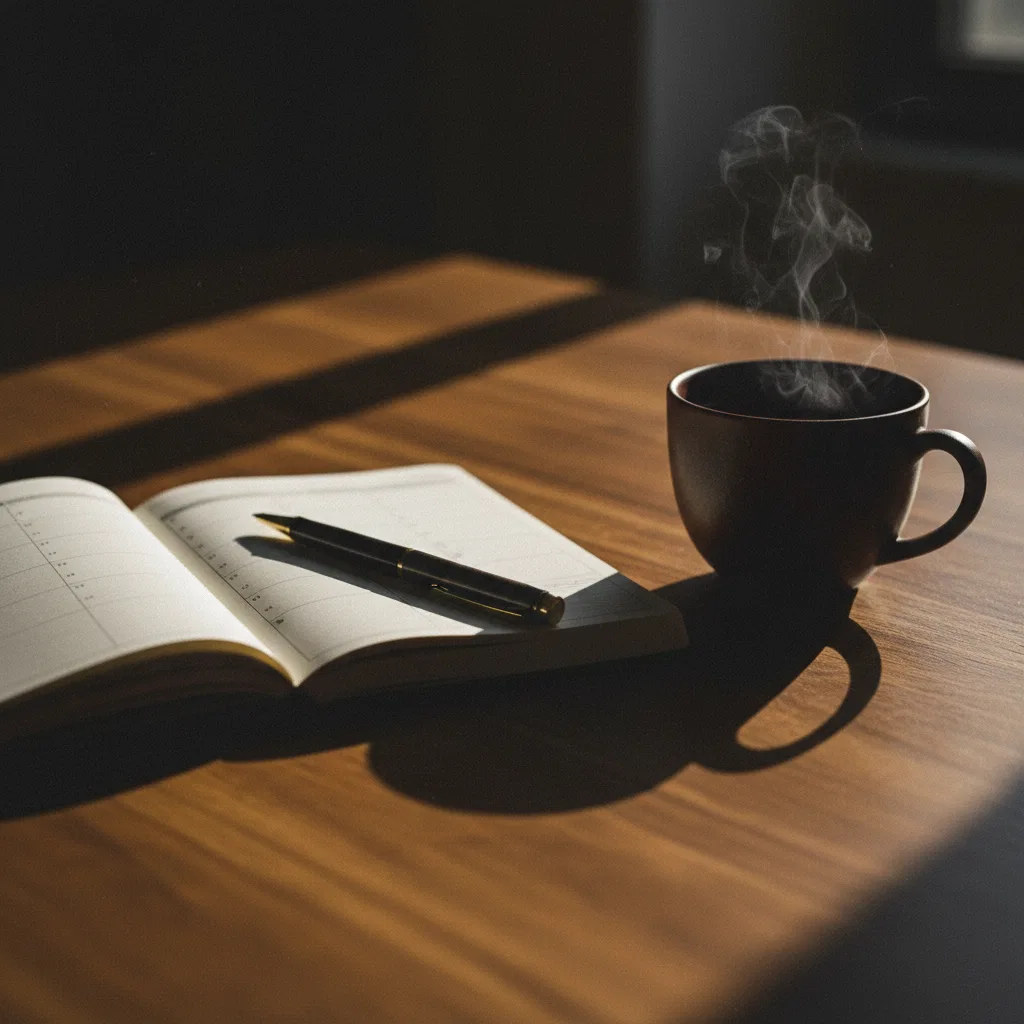 Een minimalistische bureau-hoek met een opengeslagen agenda, een pen en een kop thee op een houten blad, rustig daglicht