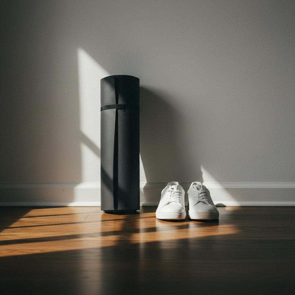 Lichte, opgeruimde woonkamer met een opgerolde yogamat en een paar sportschoenen bij het raam, warme ochtendzon