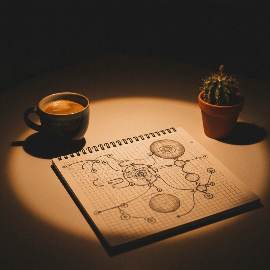 Een bureau met een opengeslagen notitieboek vol schetsen, een kopje koffie en een kleine groene plant naast een laptop, rustig interieur