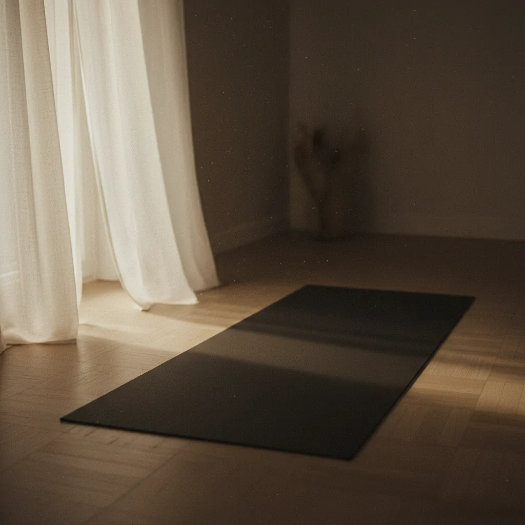 Minimalistische kamer met een yogamat uitgerold op houten vloer, raam met doorzichtig gordijn en natuurlijk licht